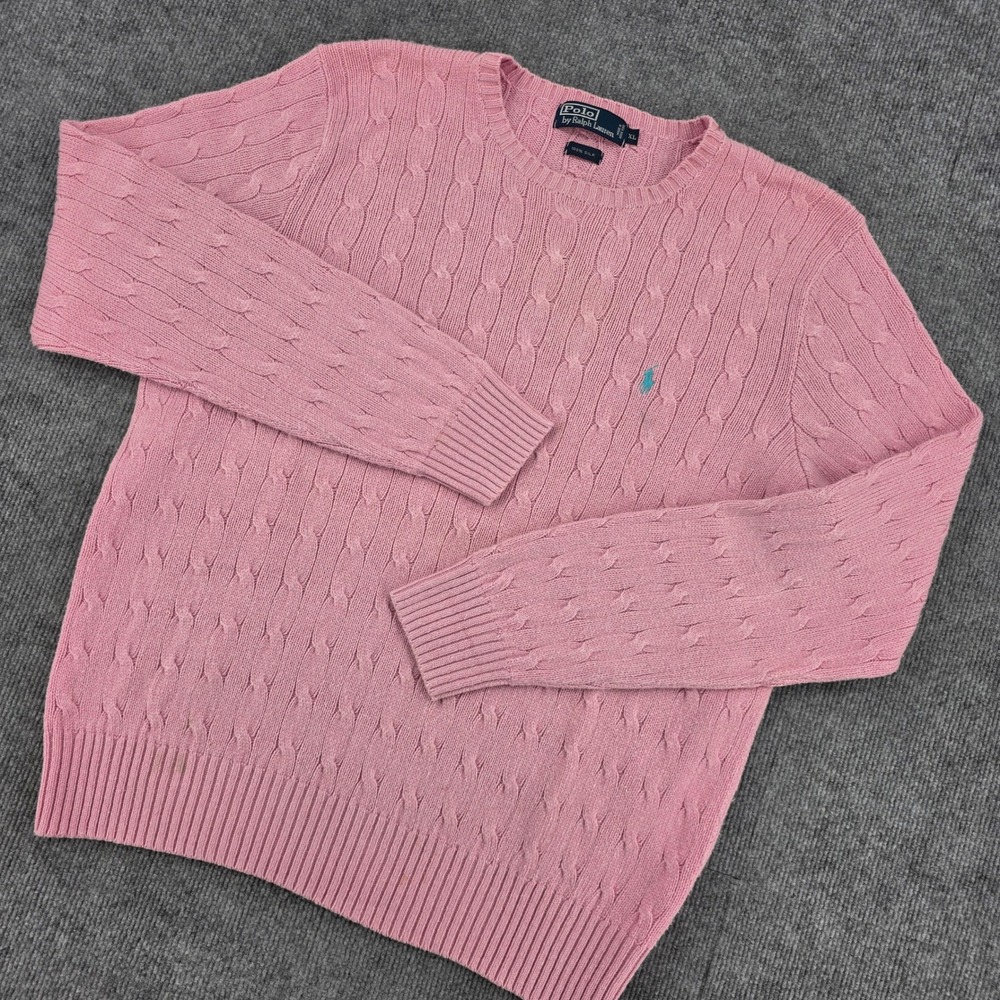 Polo Ralph Lauren Mens XL Pink 100% Silk Cable Knit Crewneck Sweater Pony Logo
